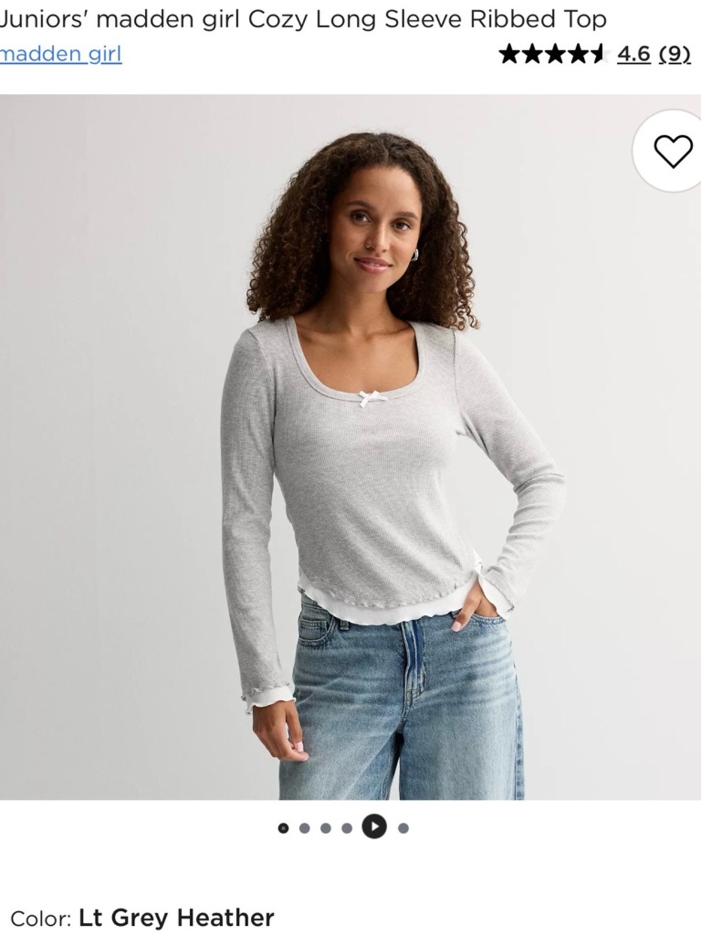 Madden Girl Light Grey Heather Ribbed Long Sleeve Top with Bow